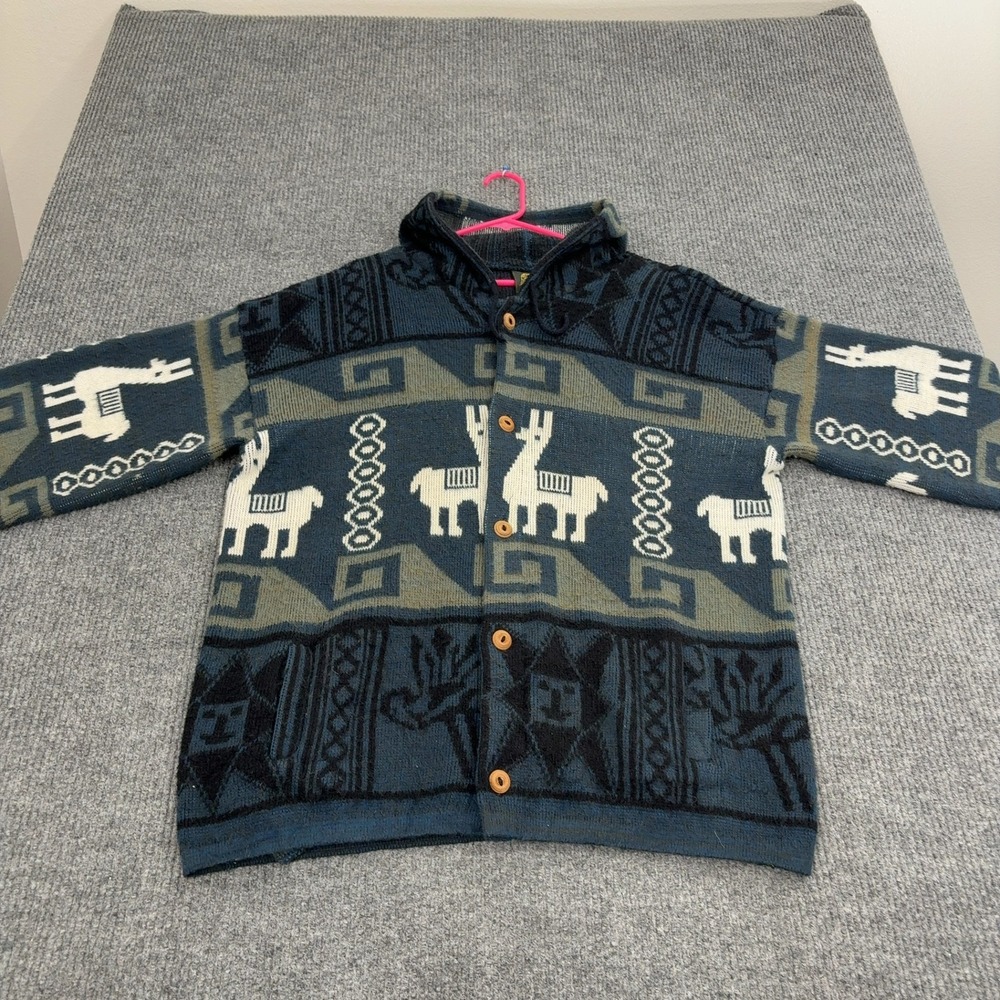 Vintage Tejidos Ruminahui Cardigan Sweater Mens XL Blue Wool Llama Hooded Boho